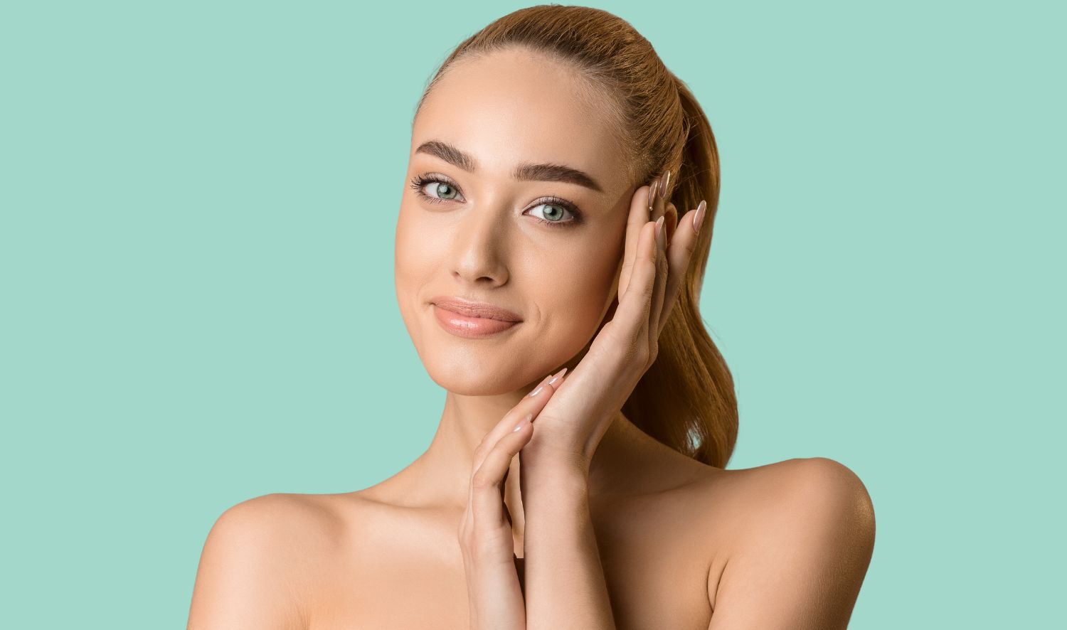 Beautiful woman touching her face, promoting CynoGlow, an RF Microneedling treatment offered at Living Waters Regenerative Medicine Center located in Gulf Breeze, FL.